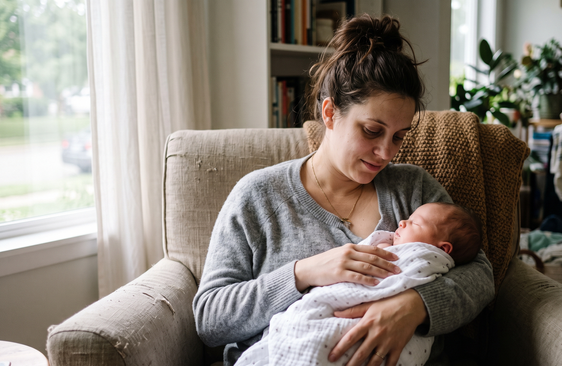 Exhausted new mom in the difficult first six weeks postpartum mental health recovery
