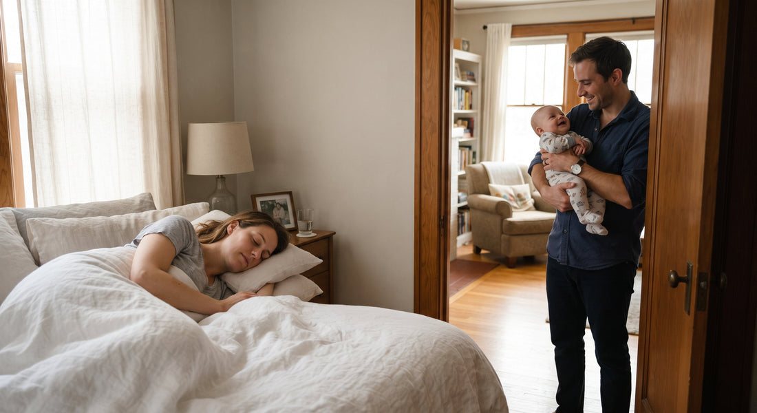 Postpartum mom getting a protected block of sleep while a partner takes the baby