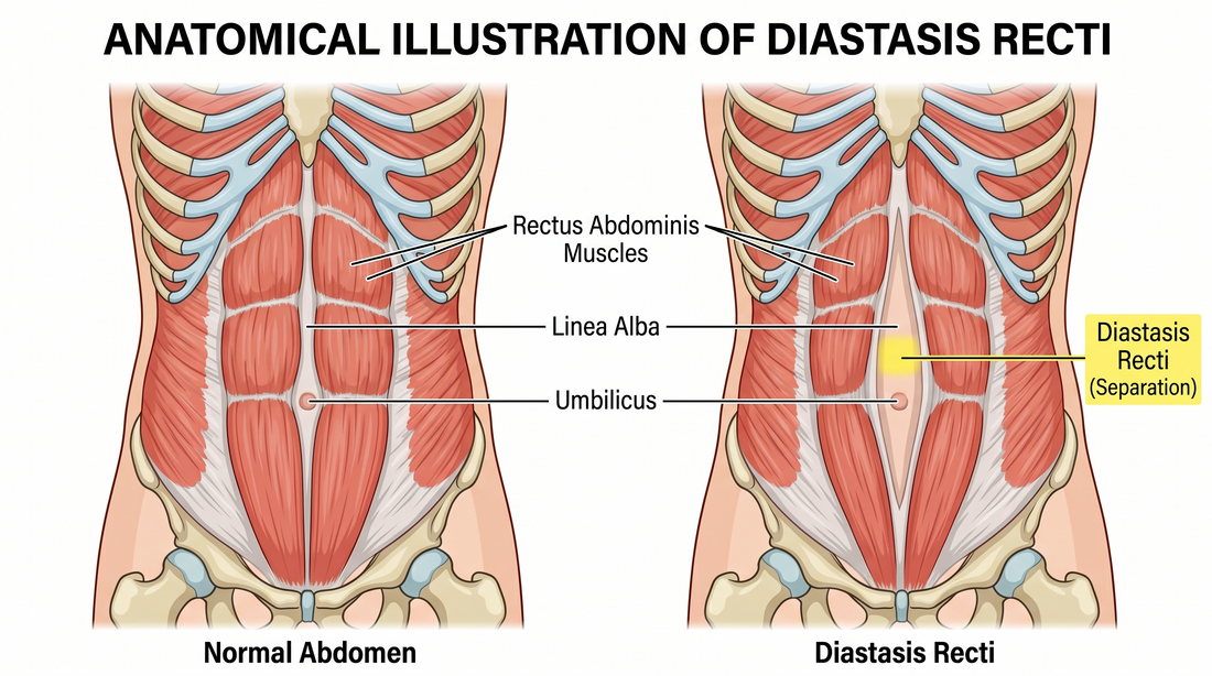 Diastasis recti diagram showing abdominal separation and how postpartum belly binding can support recovery