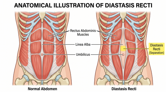 Diastasis recti diagram showing abdominal separation and how postpartum belly binding can support recovery