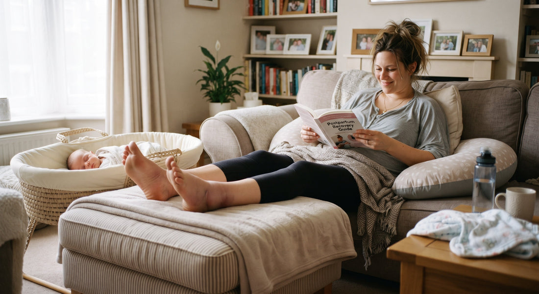 Postpartum mom elevating swollen legs on a cushion after a C-section
