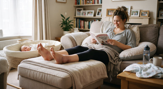 Postpartum mom elevating swollen legs on a cushion after a C-section