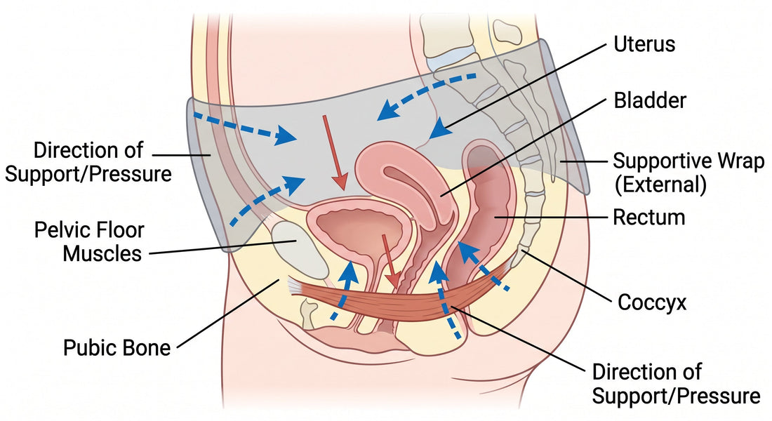 Pelvic floor and postpartum belly binding diagram showing safe abdominal pressure direction