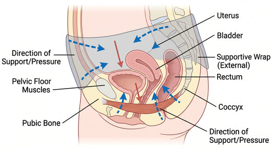 Pelvic floor and postpartum belly binding diagram showing safe abdominal pressure direction