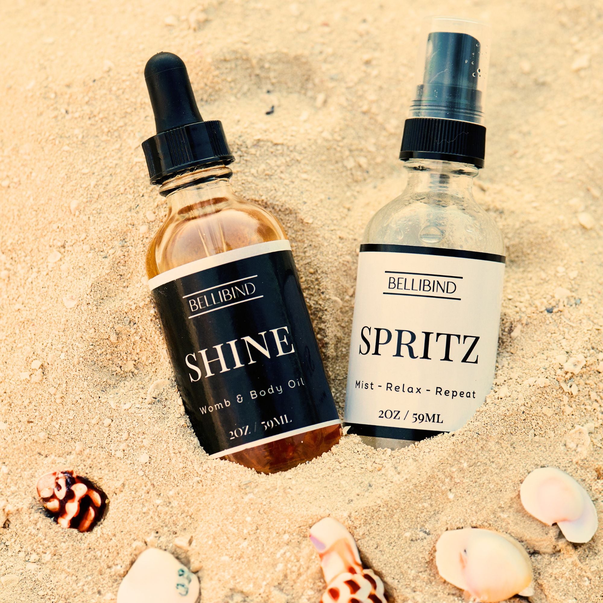 Postpartum self-care display featuring Bellibind Shine-Womb body oil and Spritz refreshing spray.