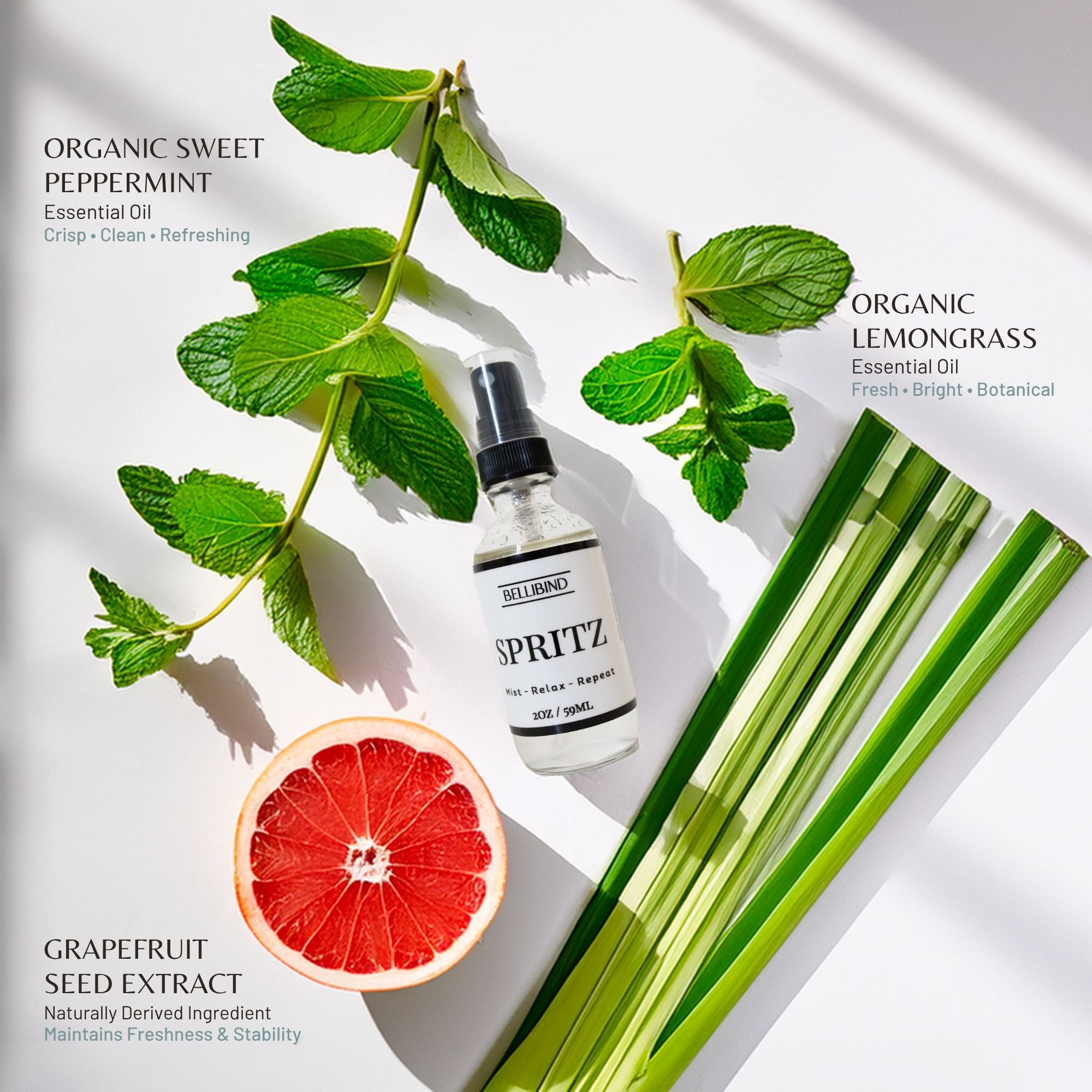 Bellibind Spritz Aromatherapy Mist featuring organic lemongrass, peppermint, and grapefruit seed extract.